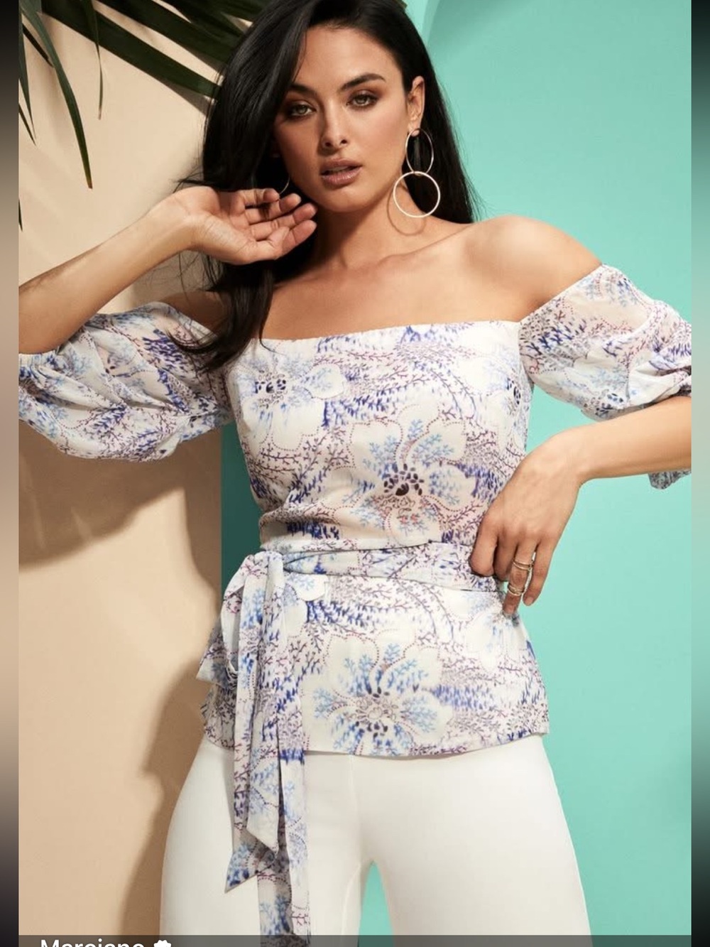Off-Shoulder Floral Tie-Waist Top - Size M